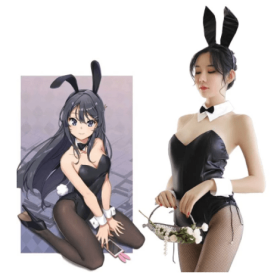 Seishun Buta Yarou wa Bunny Girl Senpai no Yume wo Minai Cosplay Halloween Costume for Girls Sexy Cute Bunny Faux Leather Rabbit (Color: With Stockings)